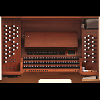 Passau, Dom St. Stephan, Spieltisch der Chororgel mit Registerwippen fr die Fernorgel