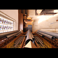 Rheine, St. Dionysius, Blick vom Positiv entlang des Orgelprospekts nach unten