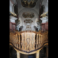 Weingarten, Basilika  St. Martin, Blick ber die Spieltischbhne auf den Spieltisch und die darunterliegende Mechanik