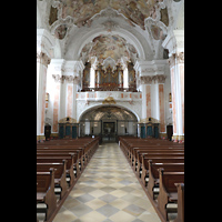 Metten, Benediktinerabtei, Klosterkirche St. Michael, Innenraum in Richtung Orgel