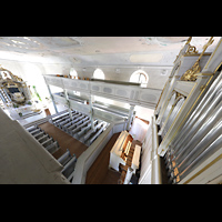 Wirsberg, St. Johannis, Blick von der oberen Seitenempore auf die Orgel und in die Kirche