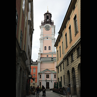 Stockholm, Domkyrka (S:t Nicolai kyrka, Storkyrkan), Blick vom Trngsund auf den Kirchturm