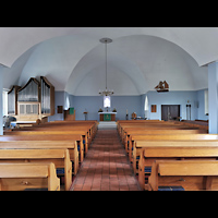 Westdorf (Baltrum), Ev. Inselkirche, Innenraum in Richtung Chor und Orgel