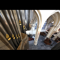 Amsterdam, Nieuwe Kerk, Blick von der Orgelsmpore entlang der Pedal-Prospektpfeifen in die Kirche