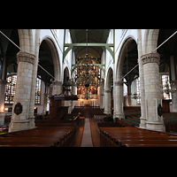 Gouda, Sint Janskerk - Grote Kerk, Langhaus mit Kanzel und Blick zur Hauptorgel