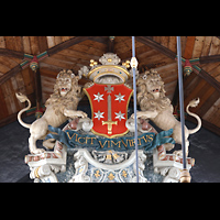 Haarlem, Sint Bavokerk, Wappen und Lwenfiguren auf dem obersten mittleren Prospektfeld